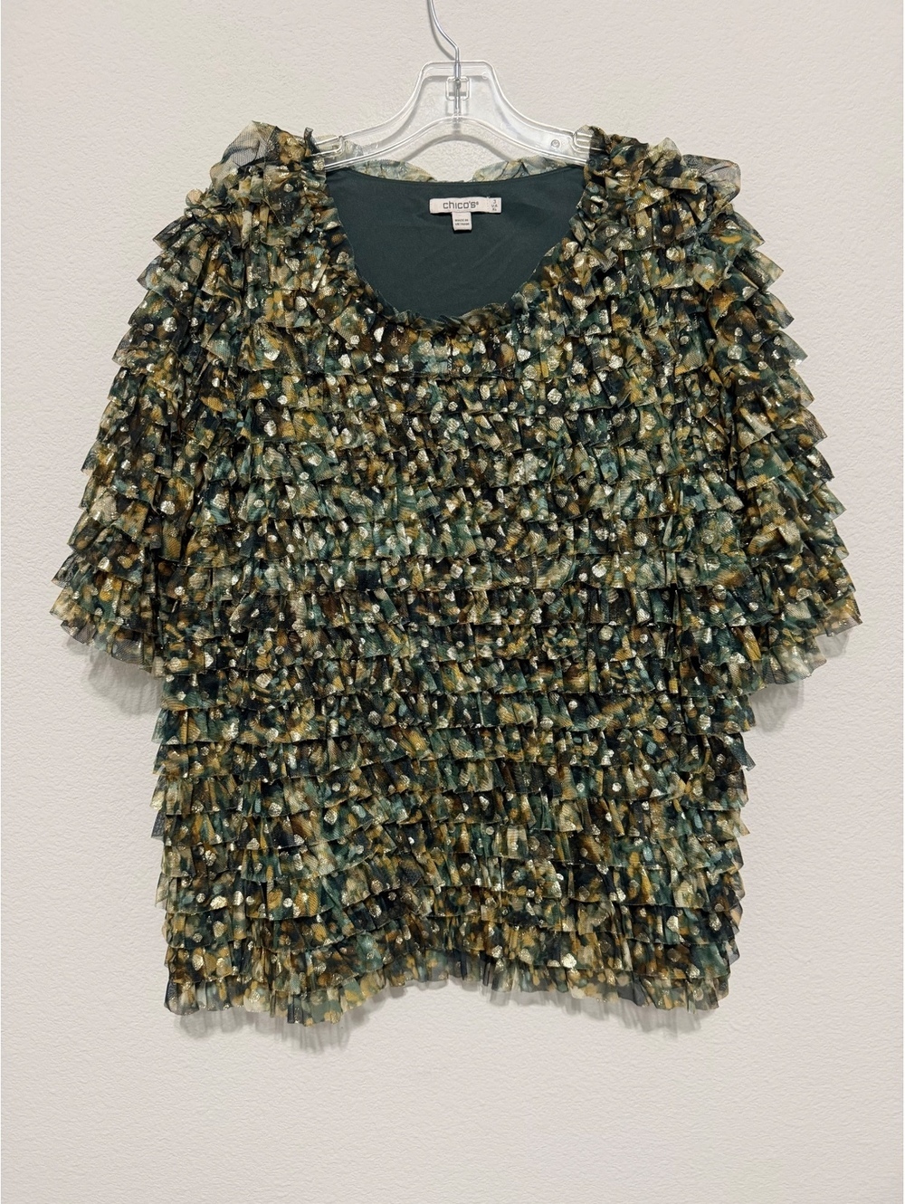 Chico’s Short Sleeve Round Neck Gold Polka Dot Ruffled Mesh Blouse Size 3 (XL)